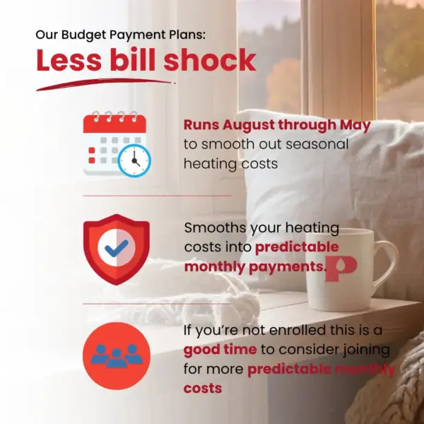Infographic about budget payment plans to reduce heating costs; calendar icon and clock illustrate timing and scheduling of payments.
